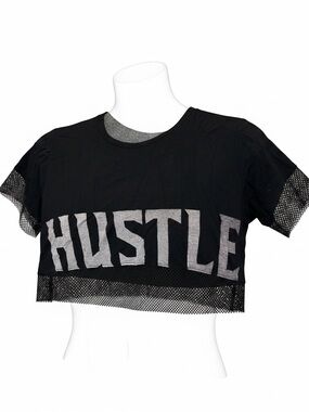 Hustle Graphic Crop Top with Mesh Trim - Black